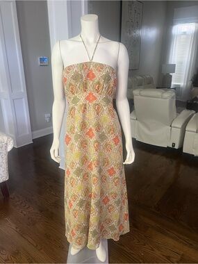 Banana Republic Strapless Midi Dress in Olive & Coral Print